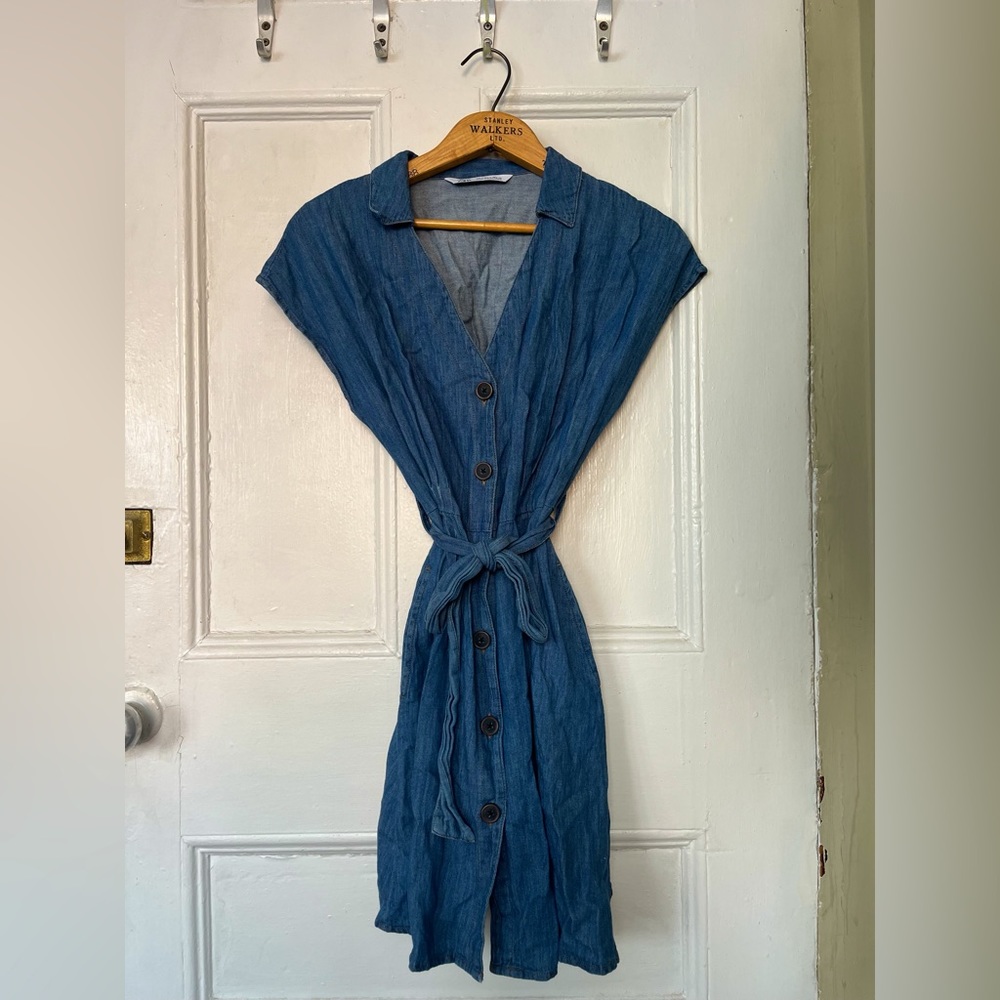 Size S Zara Blue "Jean" Mini Dress with Tie Up Waist